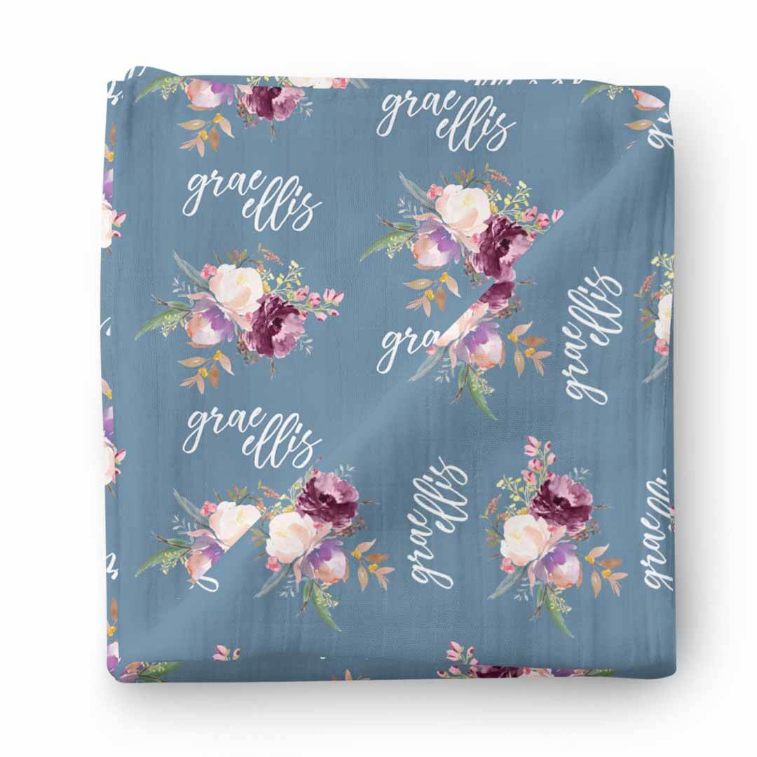 Grae's Dusty Blue Floral Personalized Baby Name Swaddle Blanket