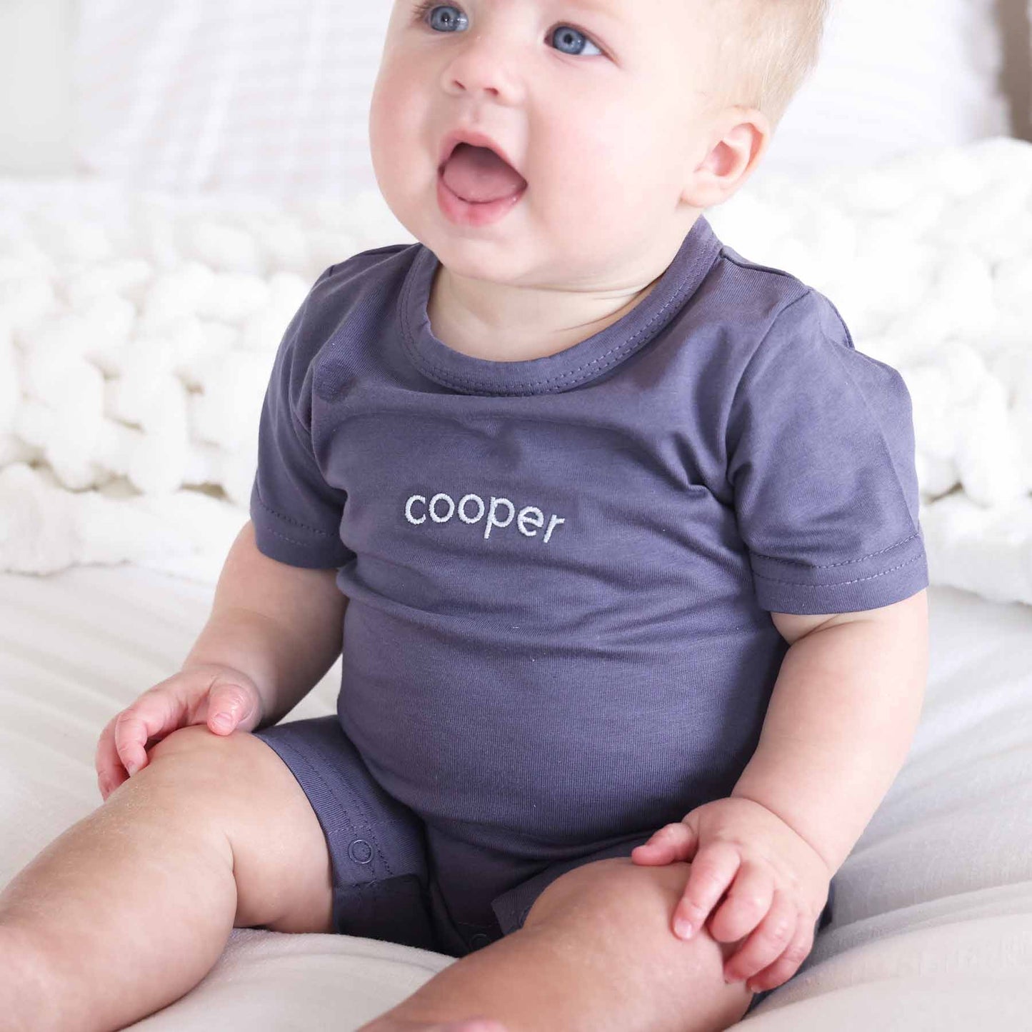 Embroidered Short Sleeve Snap Romper