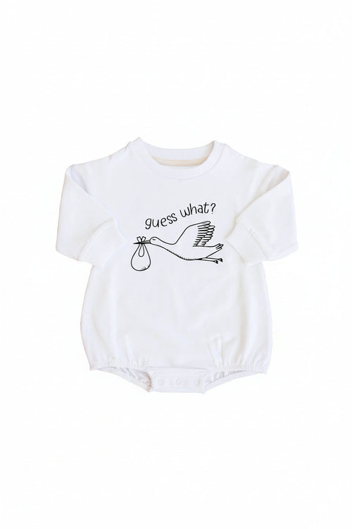 Guess What Graphic Sweatshirt Bubble Romper | White