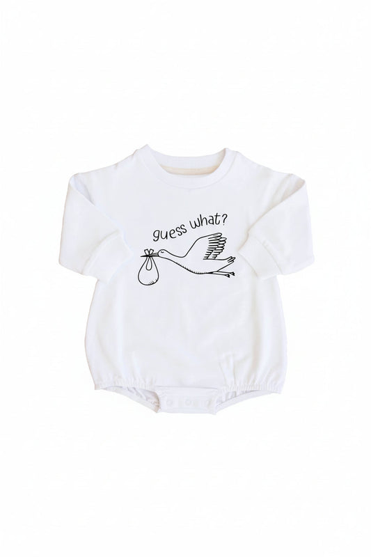 Guess What Graphic Sweatshirt Bubble Romper | White