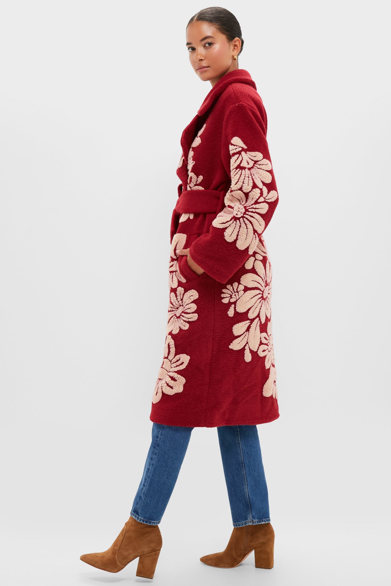 Bold Flowers Burgundy Fleece Coat