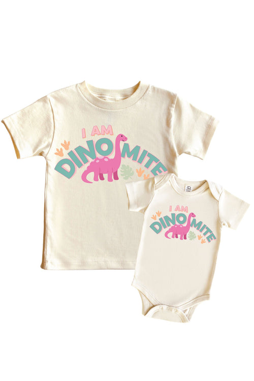 I Am Dino-Mite Pink Graphic Bodysuit & Kids Tee | Natural