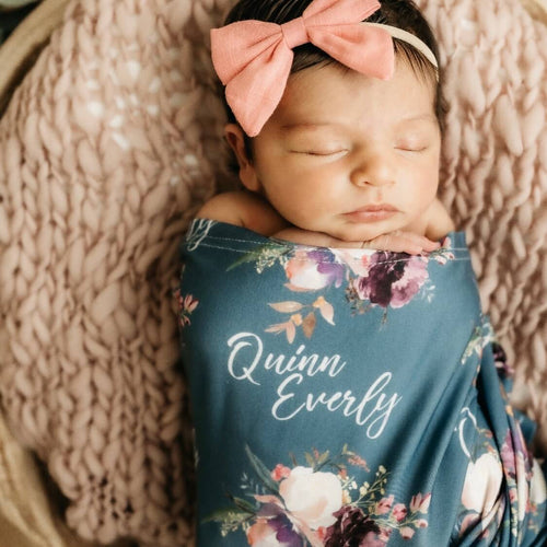 Grae's Dusty Blue Floral Personalized Baby Name Swaddle Blanket