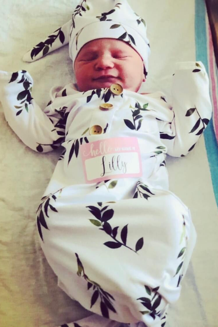 Olive Leaf Newborn Baby Knot Gown & Hat Set