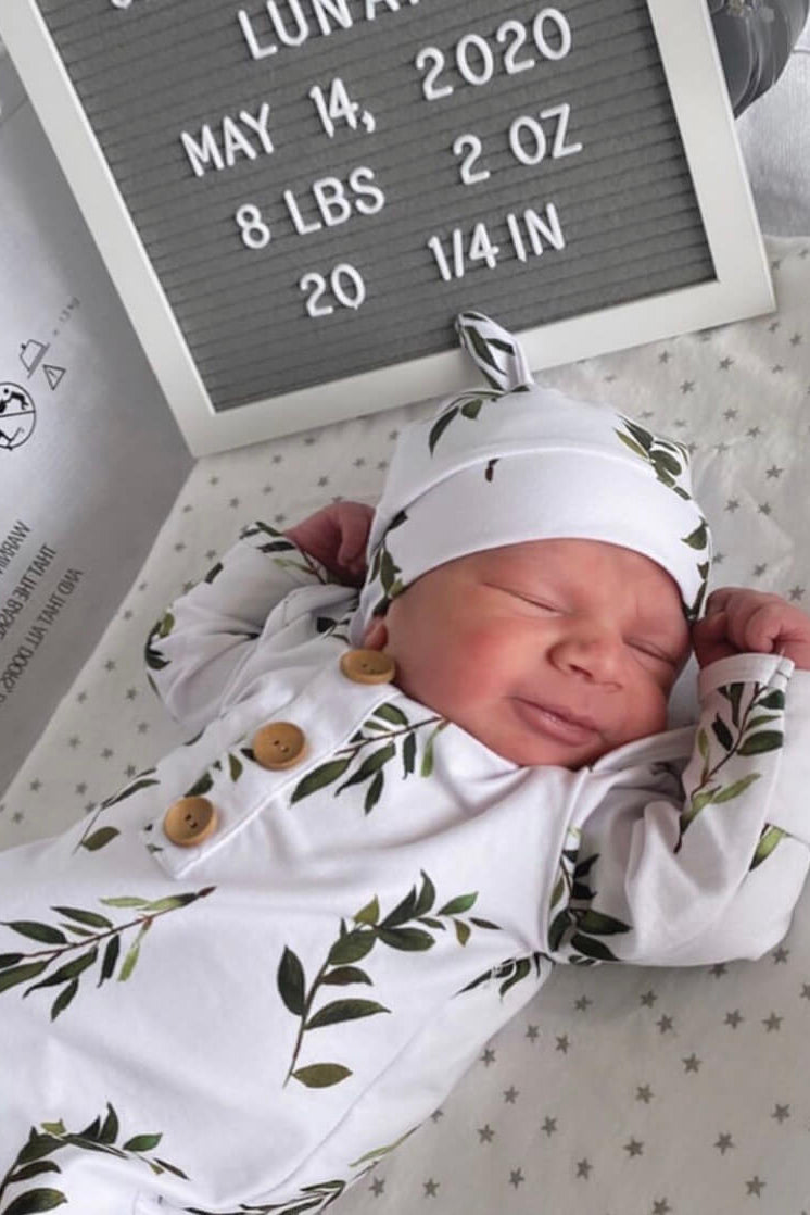 Olive Leaf Newborn Baby Knot Gown & Hat Set