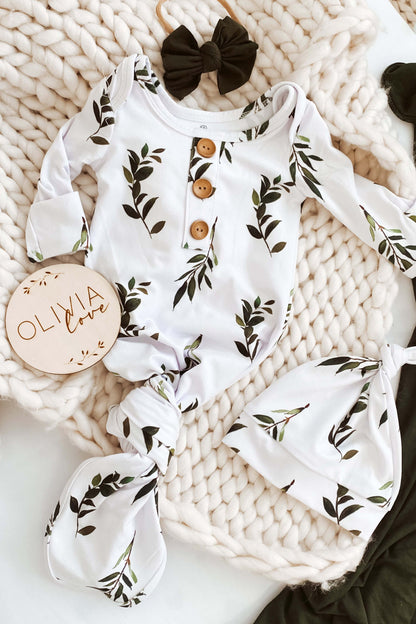 Olive Leaf Newborn Baby Knot Gown & Hat Set