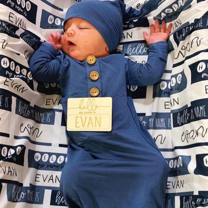 Hello My Name Is Personalized Swaddle Blanket BLUES