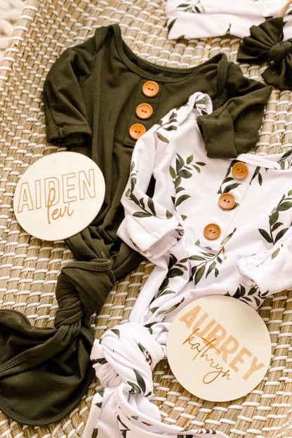Olive Leaf Newborn Baby Knot Gown & Hat Set