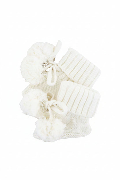 Knit Pom Pom Baby Booties | Ivory