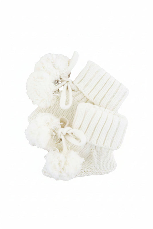 Knit Pom Pom Baby Booties | Ivory