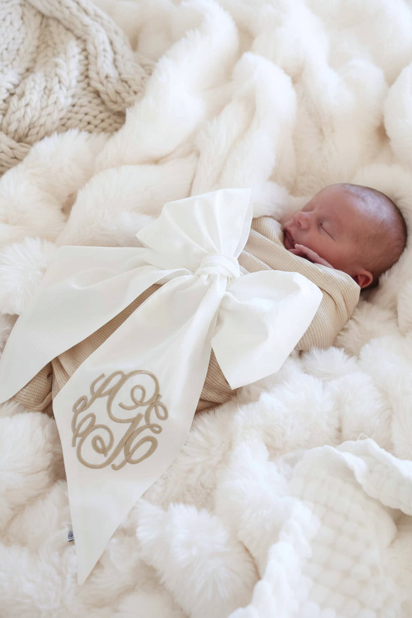 Personalized Newborn Bow Sash | Ivory