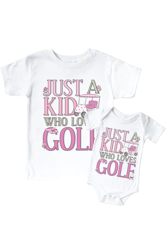 A Kid With Golf Love Pink Graphic Bodysuit & Kids Tee | White