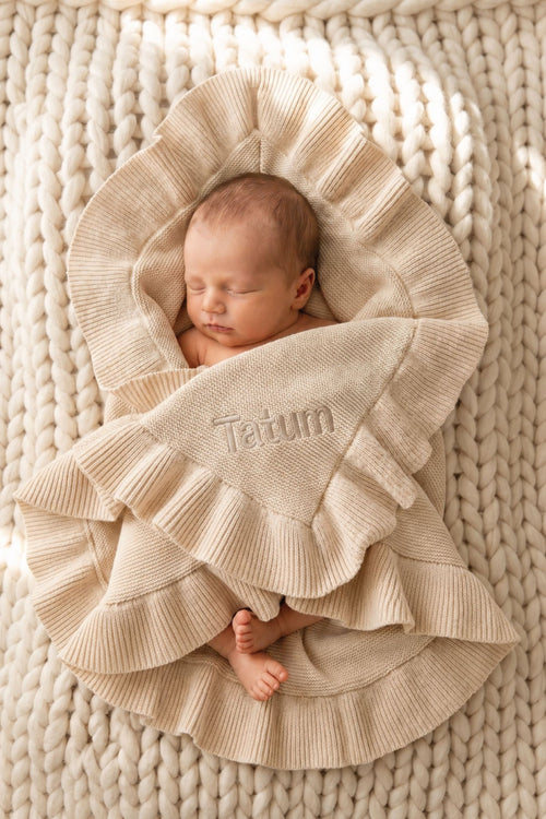 Embroidered Knit Blanket With Ruffle | Oatmeal