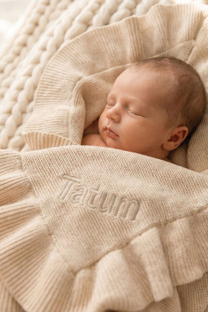 Embroidered Knit Blanket With Ruffle | Oatmeal