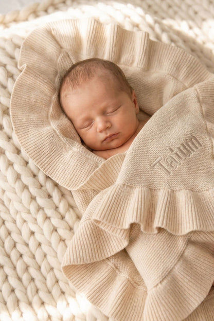Embroidered Knit Blanket With Ruffle | Oatmeal