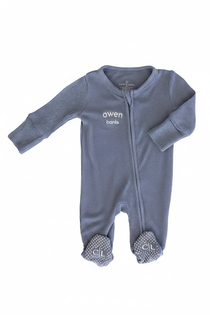 Embroidered Bamboo Waffle Zipper Footie | Lake