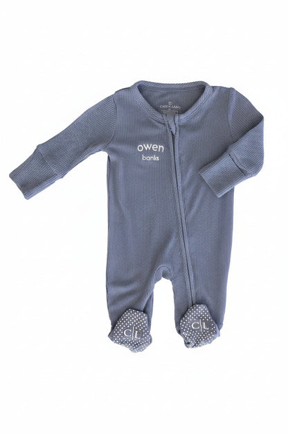 Embroidered Bamboo Waffle Zipper Footie | Mountain Haze