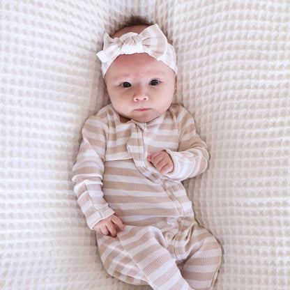 Latte Stripes Bamboo Waffle Knit Large Bow Headwrap