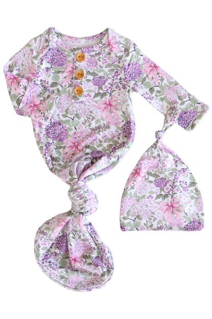 Newborn Baby Knot Gown & Hat Set | Lavender Lullaby