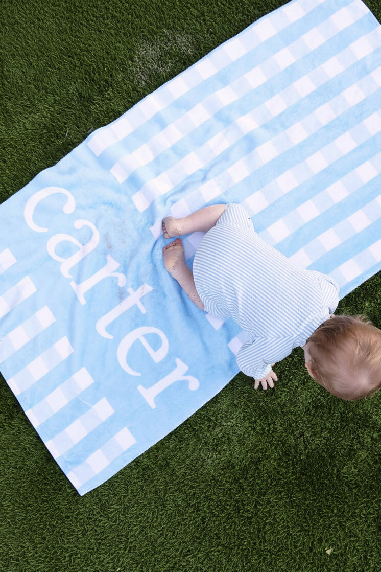 Personalized Kids Beach Towel | Blue Seersucker