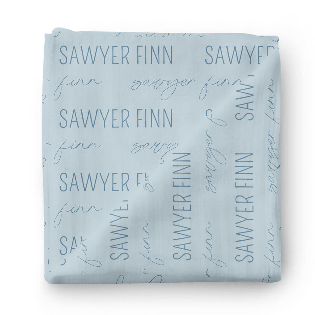Personalized Light Dusty Blue Baby Name Swaddle Blanket - Block & Script