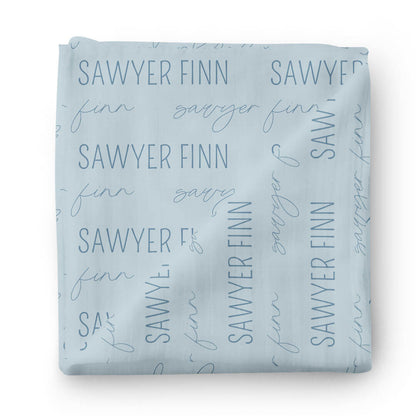 Personalized Light Dusty Blue Baby Name Swaddle Blanket - Block & Script