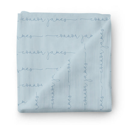 Personalized Light Dusty Blue Baby Name Swaddle Blanket - Script
