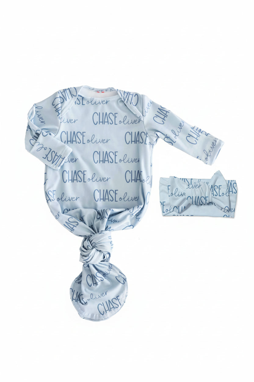 Personalized Font Duo Newborn Baby Knot Gown | Best Selling Blues