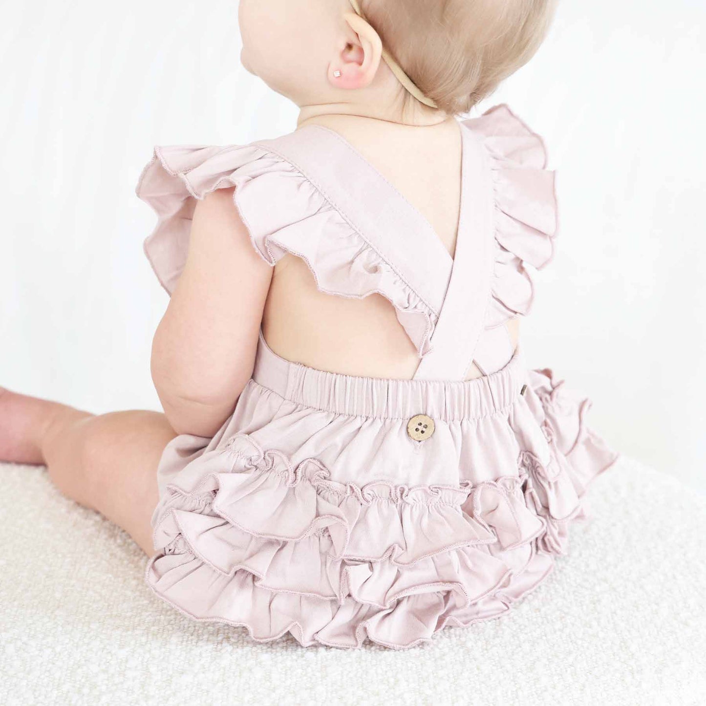 Embroidered Cross Back Ruffle Bubble Romper