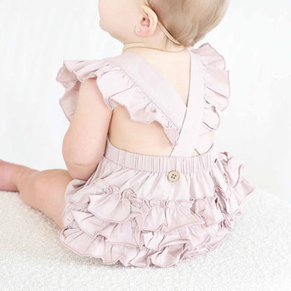 Embroidered Cross Back Ruffle Bubble Romper