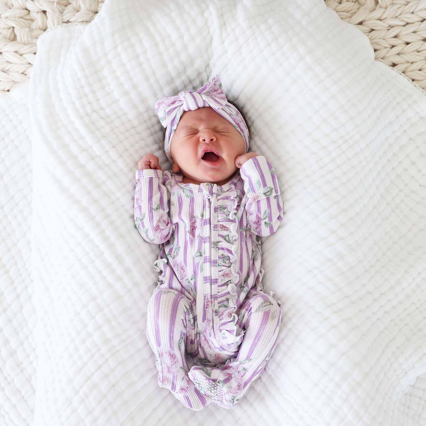 Lila's Lilacs Bamboo Waffle Ruffle Zipper Footie