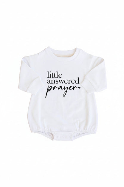 Little Answered Prayer Graphic Sweatshirt Bubble Romper | White
