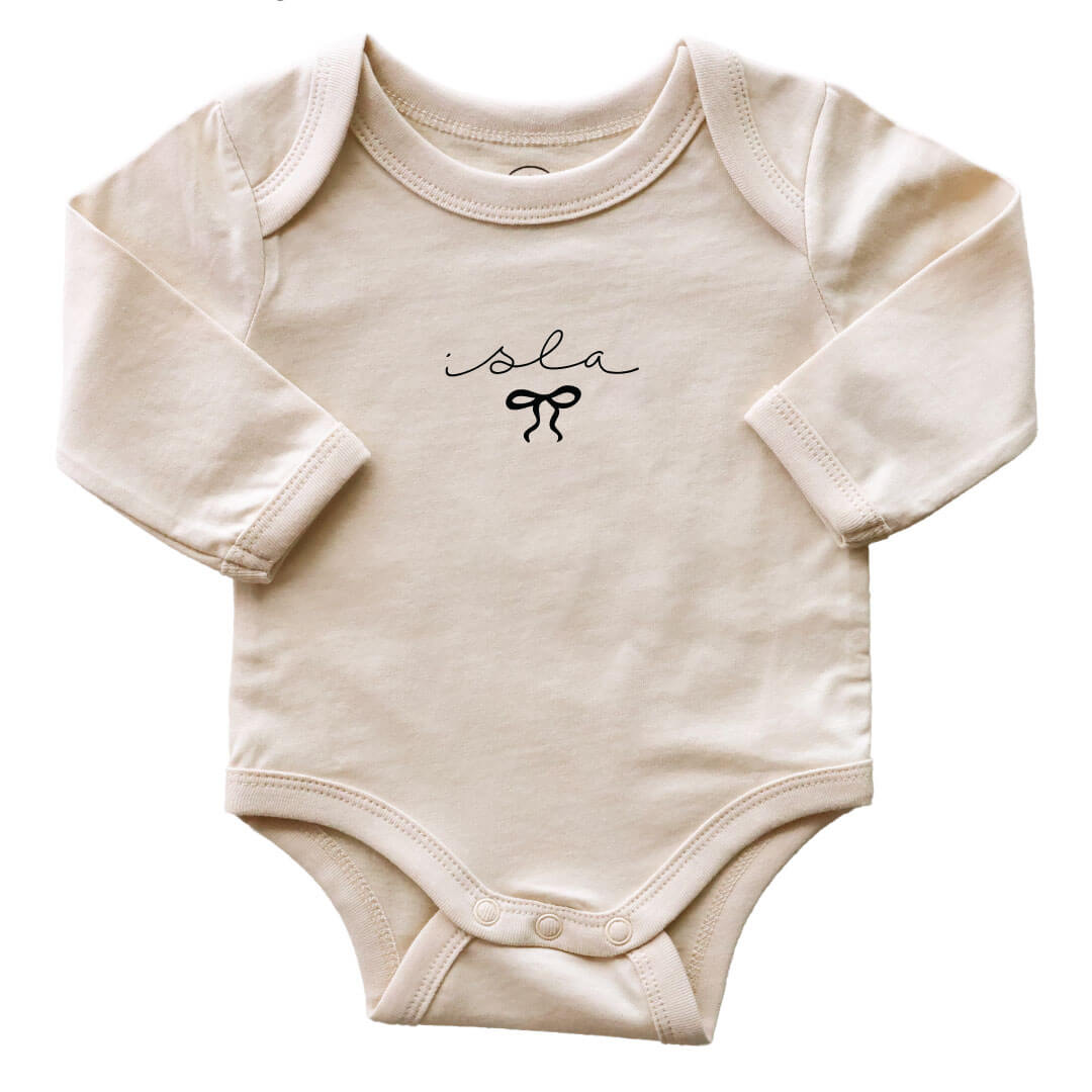 Personalized Little Bow Long Sleeve Graphic Bodysuit | Natural