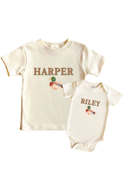 Personalized Little Mallard Graphic Bodysuit & Kids Tee | Natural