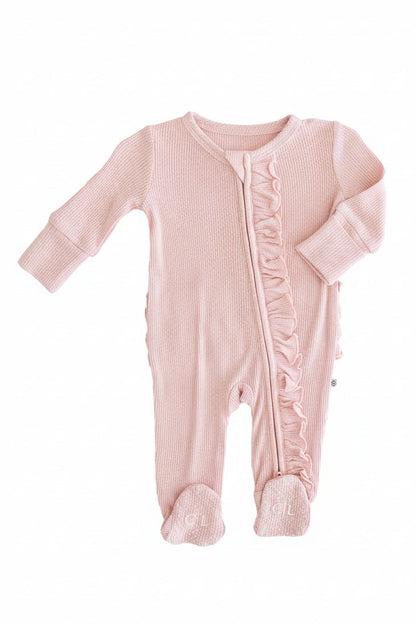Embroidered Bamboo Waffle Zipper Ruffle Footie | Lotus