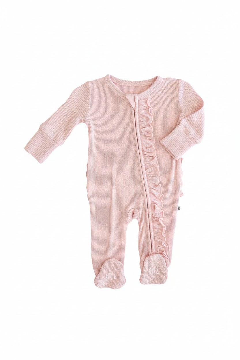 Embroidered Bamboo Waffle Zipper Ruffle Footies | In Bloom