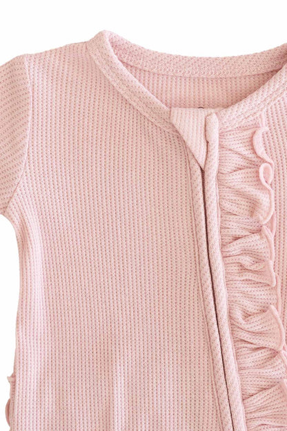 Embroidered Bamboo Waffle Zipper Ruffle Footie | Lotus