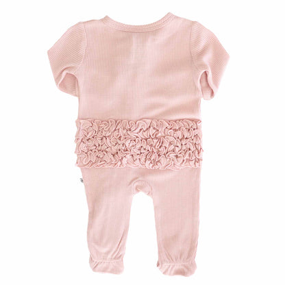 Embroidered Bamboo Waffle Zipper Ruffle Footie | Lotus