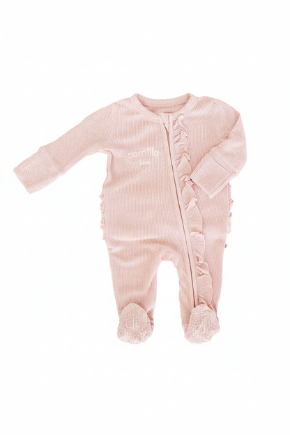 Embroidered Bamboo Waffle Zipper Ruffle Footie | Lotus