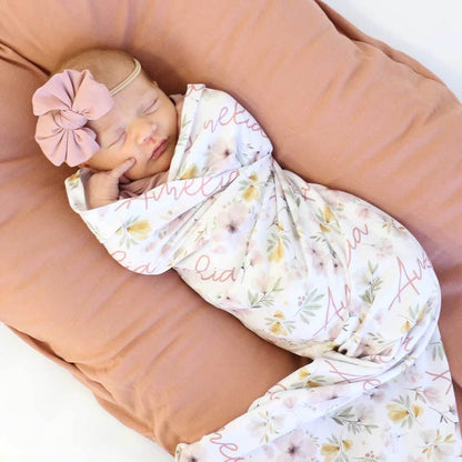 Maeve's Mauve & Mustard Floral Personalized Baby Name Swaddle