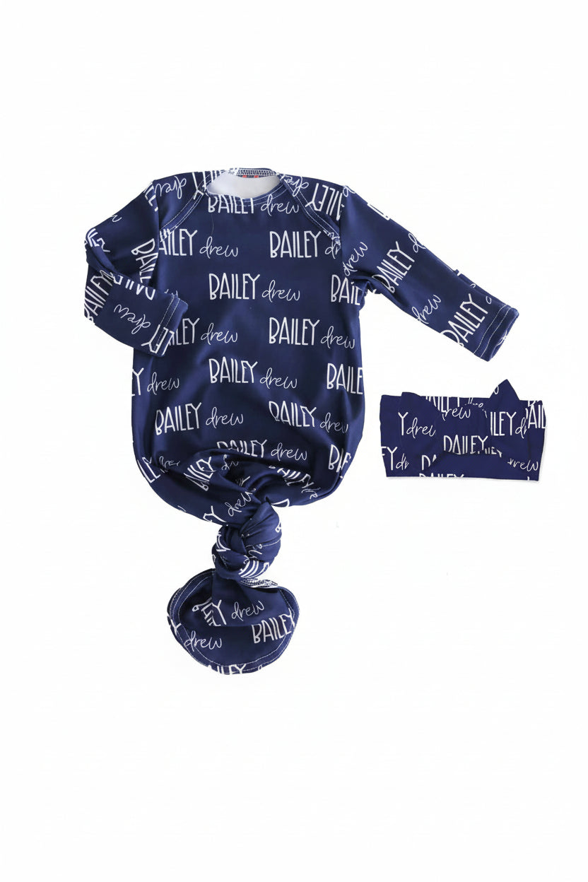 Personalized Font Duo Newborn Baby Knot Gown | Best Selling Blues