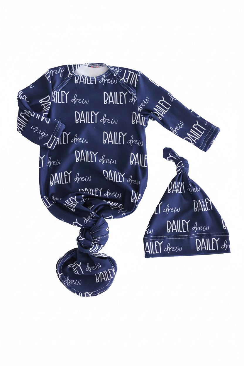 Personalized Font Duo Newborn Baby Knot Gown | Best Selling Blues