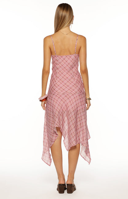 Milla Pink Plaid Hanky Hem Midi Dress