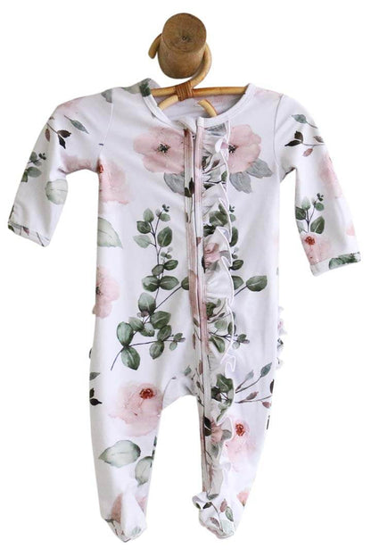 Millie's Dusty Rose Floral Ruffle Zipper Footie