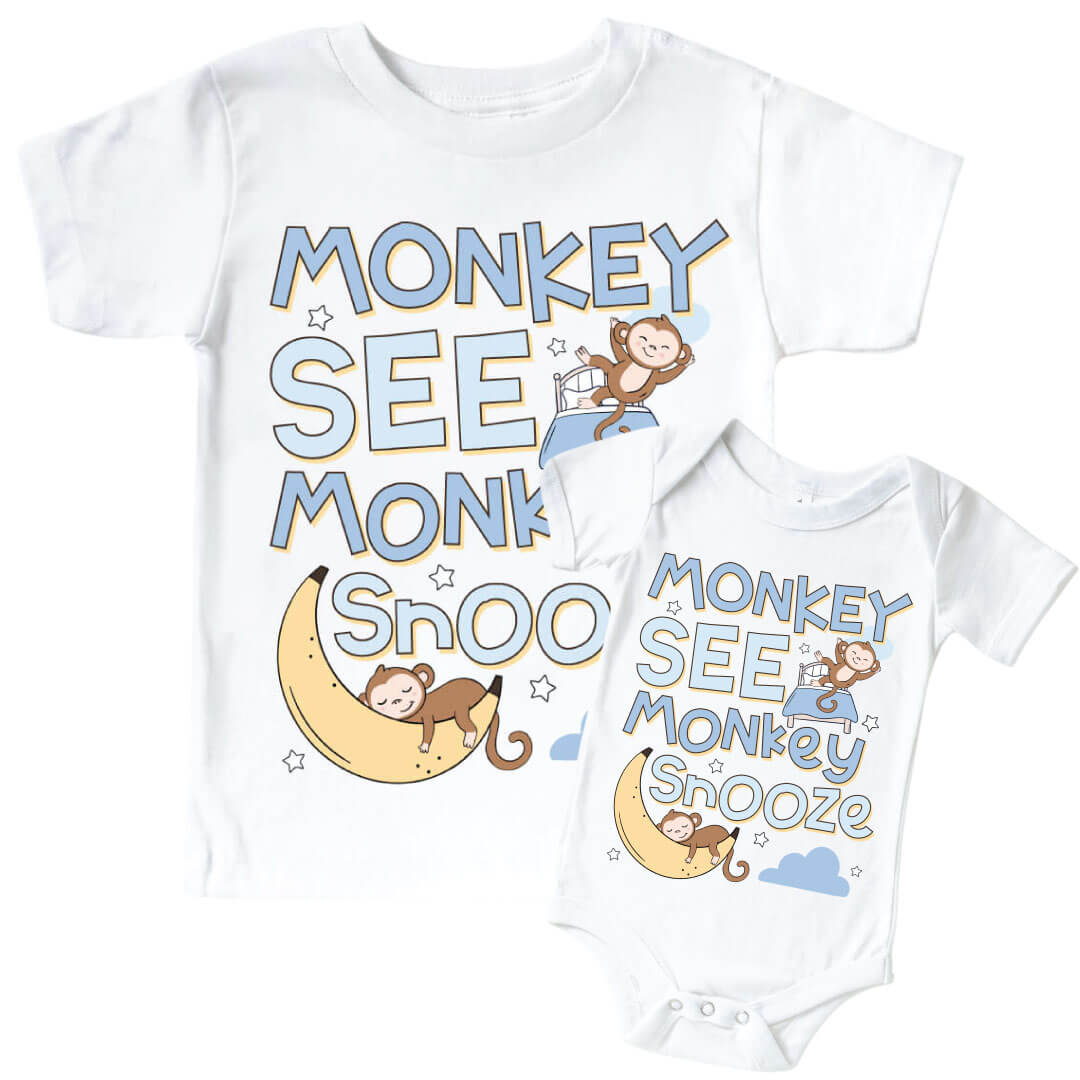 Monkey See, Monkey Snooze Graphic Bodysuit & Kids Tee | White