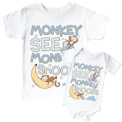 Monkey See, Monkey Snooze Graphic Bodysuit & Kids Tee | White