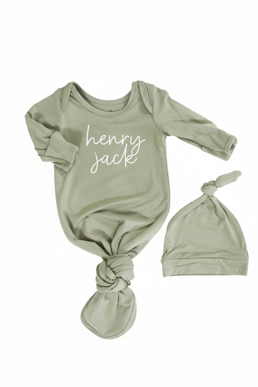 Boy Personalized Bamboo Newborn Baby Knot Gown & Hat