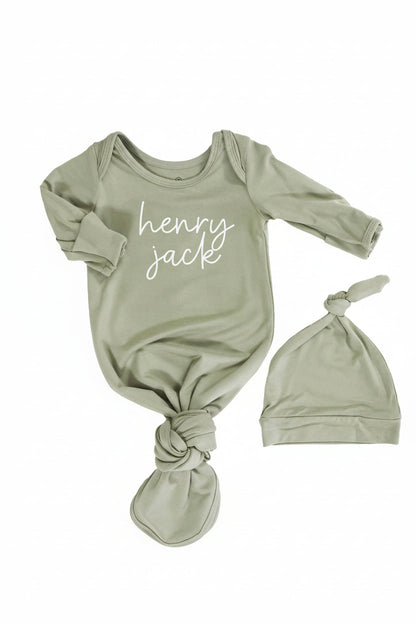 Boy Personalized Bamboo Newborn Baby Knot Gown & Hat