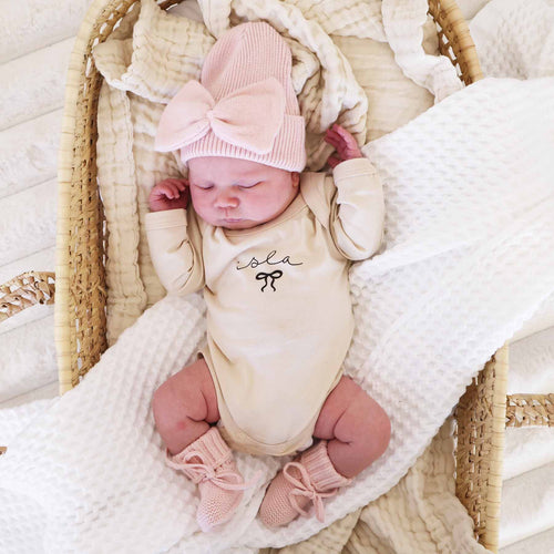 Personalized Little Bow Long Sleeve Graphic Bodysuit | Natural