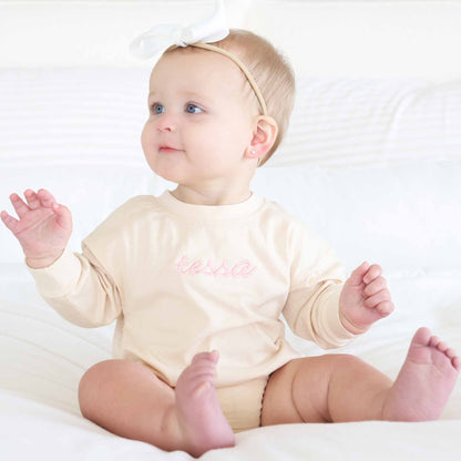 Embroidered Script Name Long Sleeve Bubble Romper | Natural